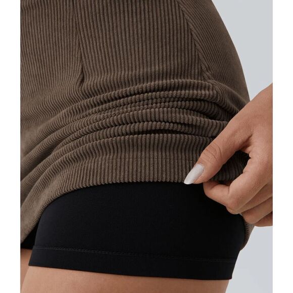 Halara‎ NWT AuraCord Cloud High-waisted 2-in-1 A-line Corduroy Brown skirt Small - Picture 4 of 5